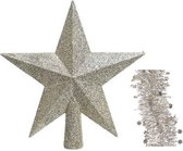 Kerstversiering kunststof glitter ster piek 19 cm en sterren slingers pakket licht parel/champagne 3x stuks - Kerstboomversiering