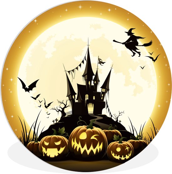 WallCircle - Wandcirkel ⌀ 150 - Een illustratie van een heks die over een kasteel vliegt tijdens Halloween - Ronde schilderijen woonkamer - Wandbord rond - Muurdecoratie cirkel - Kamer decoratie binnen - Wanddecoratie muurcirkel - Woonaccessoires