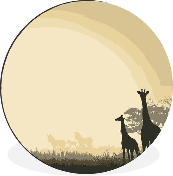 WallCircle - Wandcirkel - Muurcirkel - Een illustratie van een Afrikaanse safari als achtergrond met giraffen - Aluminium - Dibond - ⌀ 60 cm - Binnen en Buiten