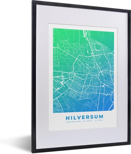 Fotolijst incl. Poster - Stadskaart - Hilversum - Blauw - 30x40 cm - Posterlijst - Plattegrond