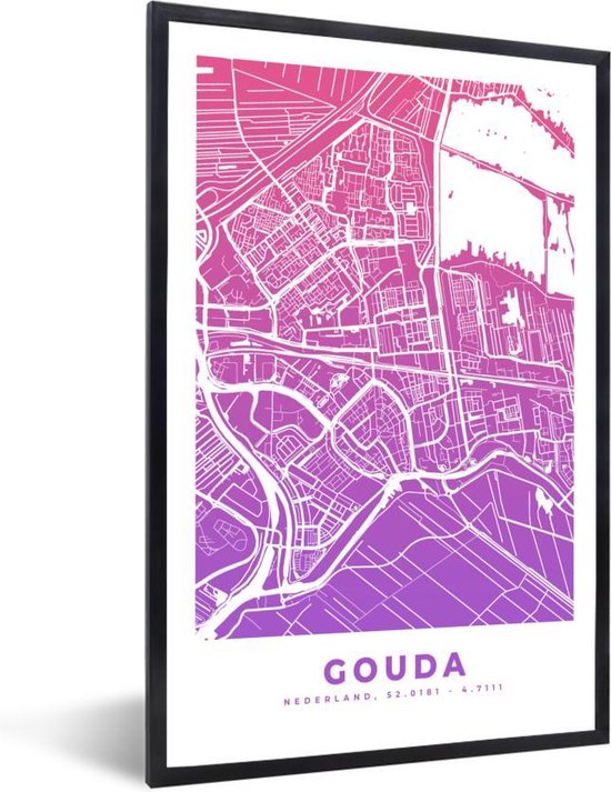 Poster in lijst - Fotolijst 60x90 cm - Posters - Stadskaart - Gouda - Paars - Nederland - Posterlijst zwart - Decoratie - Wanddecoratie woonkamer - Muurdecoratie slaapkamer