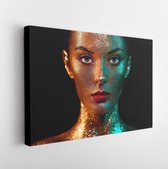 Canvas schilderij - Portrait of Beautiful Woman with Sparkles on her Face. Girl with Art Make-Up in Color Light. Fashion Model with Colorful Makeup  -     735390688 - 50*40 Horizon