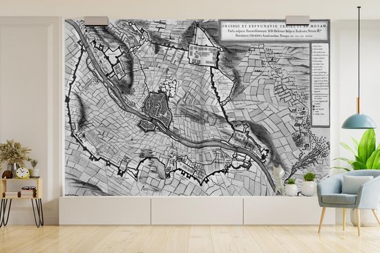 Papier peint photo en vinyle - Plan historique de la ville de Maastricht en noir et blanc - Plan d'étage largeur 525 cm x hauteur 350 cm - Tirage photo sur papier peint (disponible en 7 tailles)