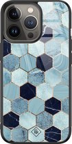 iPhone 13 Pro hoesje glass - Blue cubes | Apple iPhone 13 Pro  case | Hardcase backcover zwart