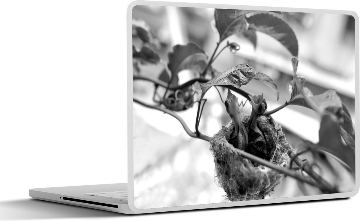 Afbeelding van product SleevesAndCases  Laptop sticker - 13.3 inch - Hongerige jonge vogels in nest - zwart wit
