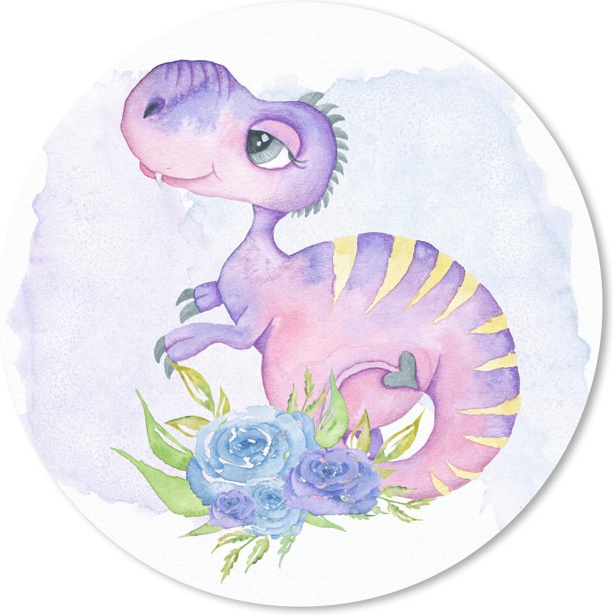 Muismat rond 50x50 cm - Mousepad Dinosaurus - Kinderkamer - Aquarel - Meisjes - Kinderen - Roze - Ronde muismatten