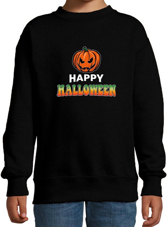 Zwarte kindertrui met een oranje pompoen en de tekst 'HAPPY HALLOWEEN' in groen-oranje gradiënt.