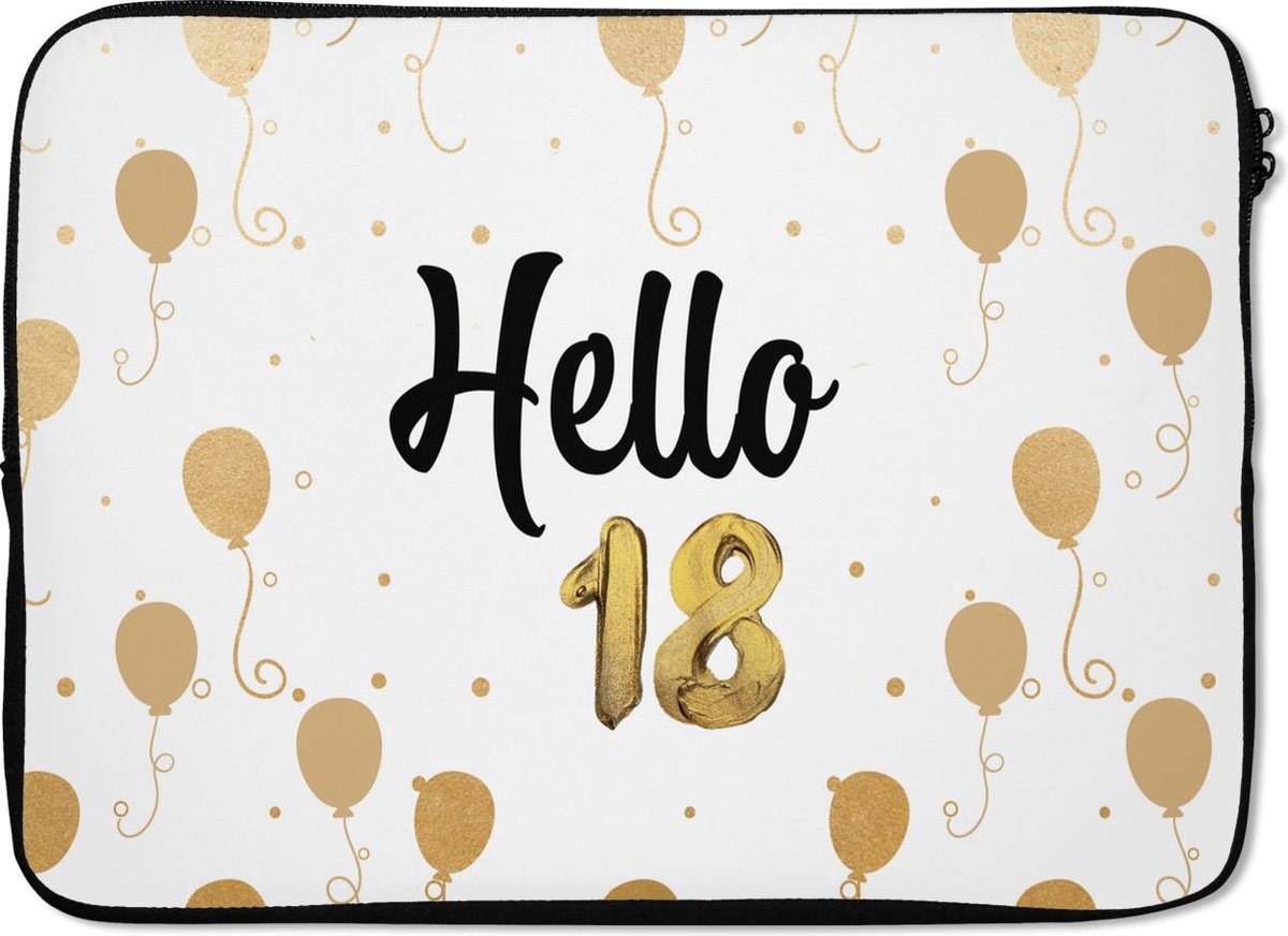 Laptophoes 13 inch - Jubileum - Goud - 18 jaar versieringen - Laptop sleeve - Binnenmaat 32x22,5 cm - Zwarte achterkant