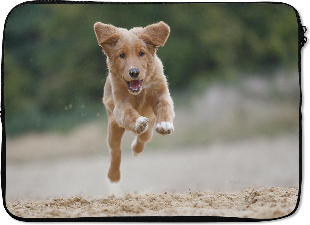 Laptophoes 14 inch - Rennende hond foto - Laptop sleeve - Binnenmaat 33x23 cm - Zwarte achterkant