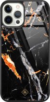 iPhone 12 Pro hoesje glass - Marmer zwart oranje | Apple iPhone 12 Pro  case | Hardcase backcover zwart