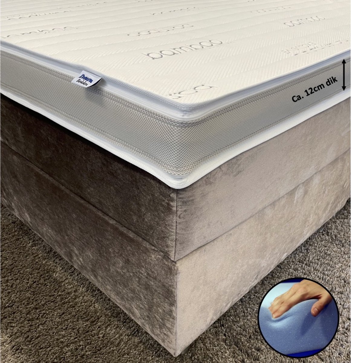 dreambedden Topper 100x220 - HR60 Koudschuim - Bamboo Exclusive - Anti Allergie - Stevig/ ondersteunend - Ca. 12cm dik Wit