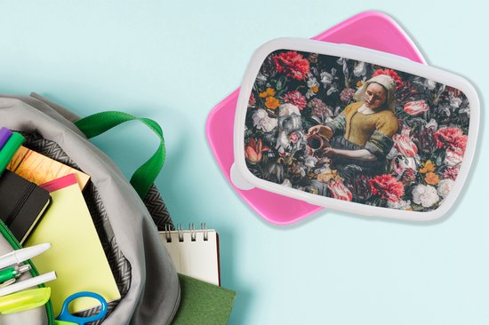 Broodtrommel Roze - Lunchbox - Brooddoos - Melkmeisje - Johannes Vermeer - Bloemen - 18x12x6 cm - Kinderen - Meisje