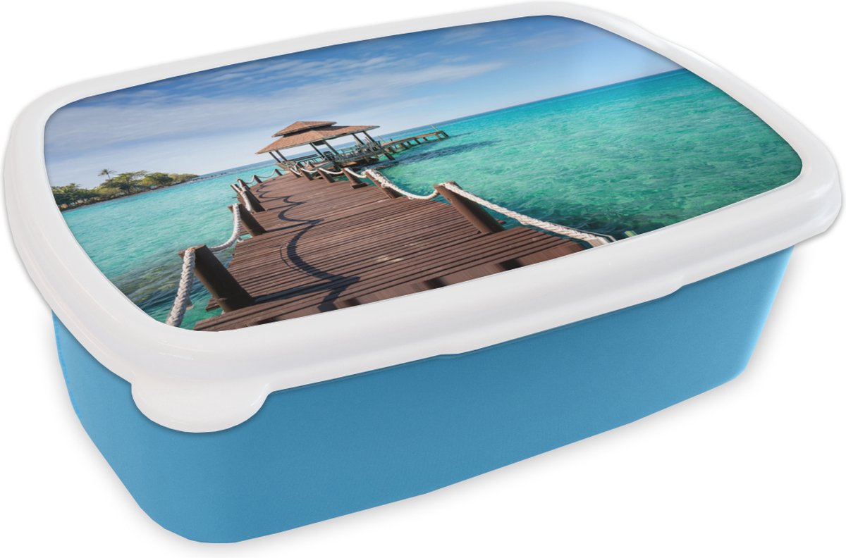 Broodtrommel Blauw - Lunchbox - Brooddoos - Zee - Pier - Bar - 18x12x6 cm - Kinderen - Jongen