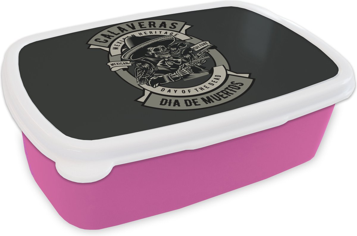 Broodtrommel Roze - Lunchbox - Brooddoos - Skelet - Pistool - Retro - 18x12x6 cm - Kinderen - Meisje