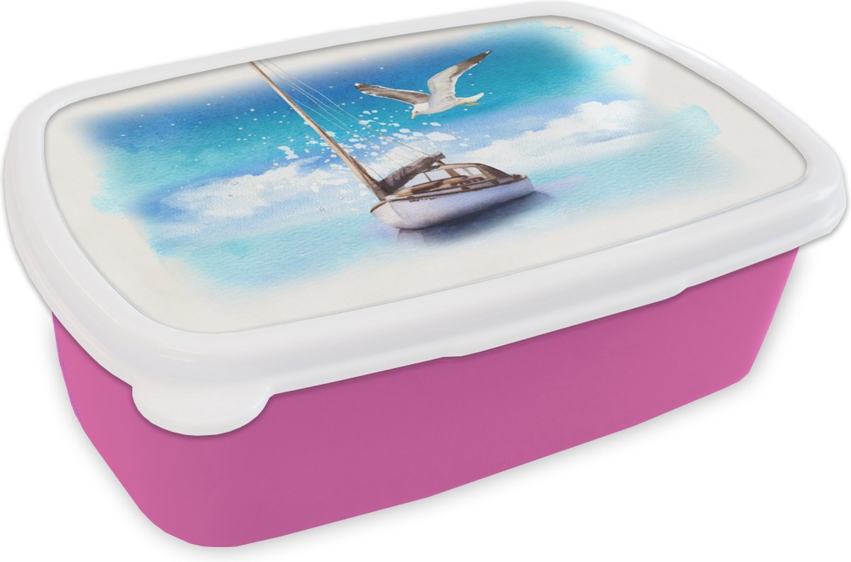 Broodtrommel Roze - Lunchbox - Brooddoos - Boot - Water - Meeuw - 18x12x6 cm - Kinderen - Meisje