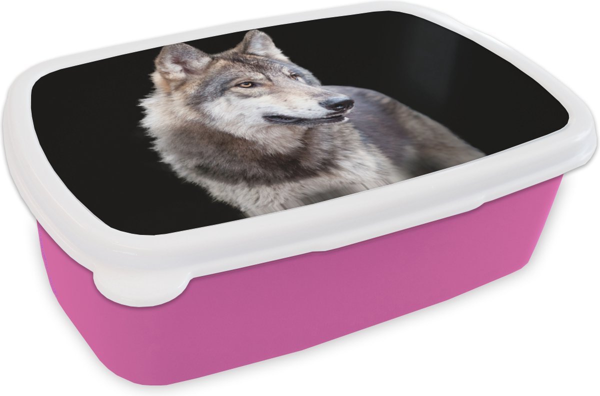 Broodtrommel Roze - Lunchbox - Brooddoos - Grijze wilde wolf - 18x12x6 cm - Kinderen - Meisje