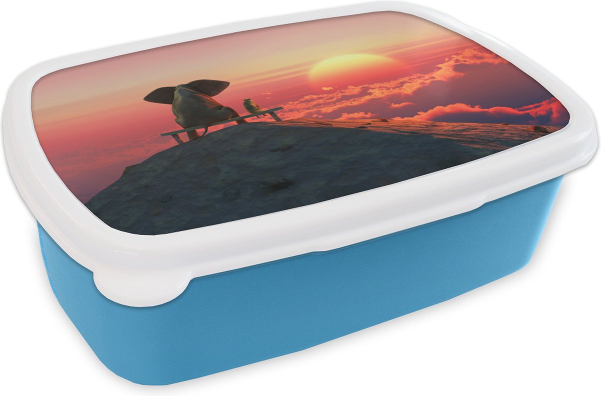 Broodtrommel Blauw - Lunchbox - Brooddoos - Hond - Olifant - Berg - 18x12x6 cm - Kinderen - Jongen