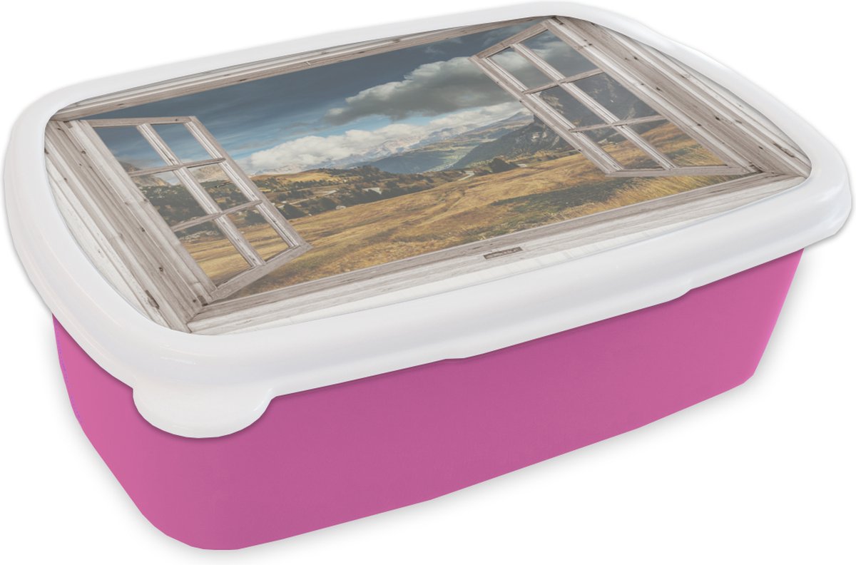 Broodtrommel Roze - Lunchbox - Brooddoos - Doorkijk - Berg - Gras - 18x12x6 cm - Kinderen - Meisje
