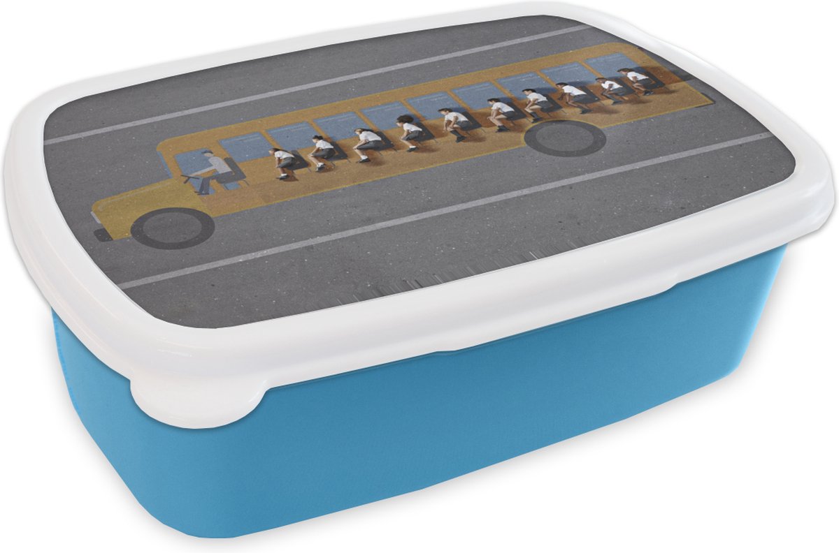 Broodtrommel Blauw - Lunchbox - Brooddoos - Abstracte schoolbus - 18x12x6 cm - Kinderen - Jongen