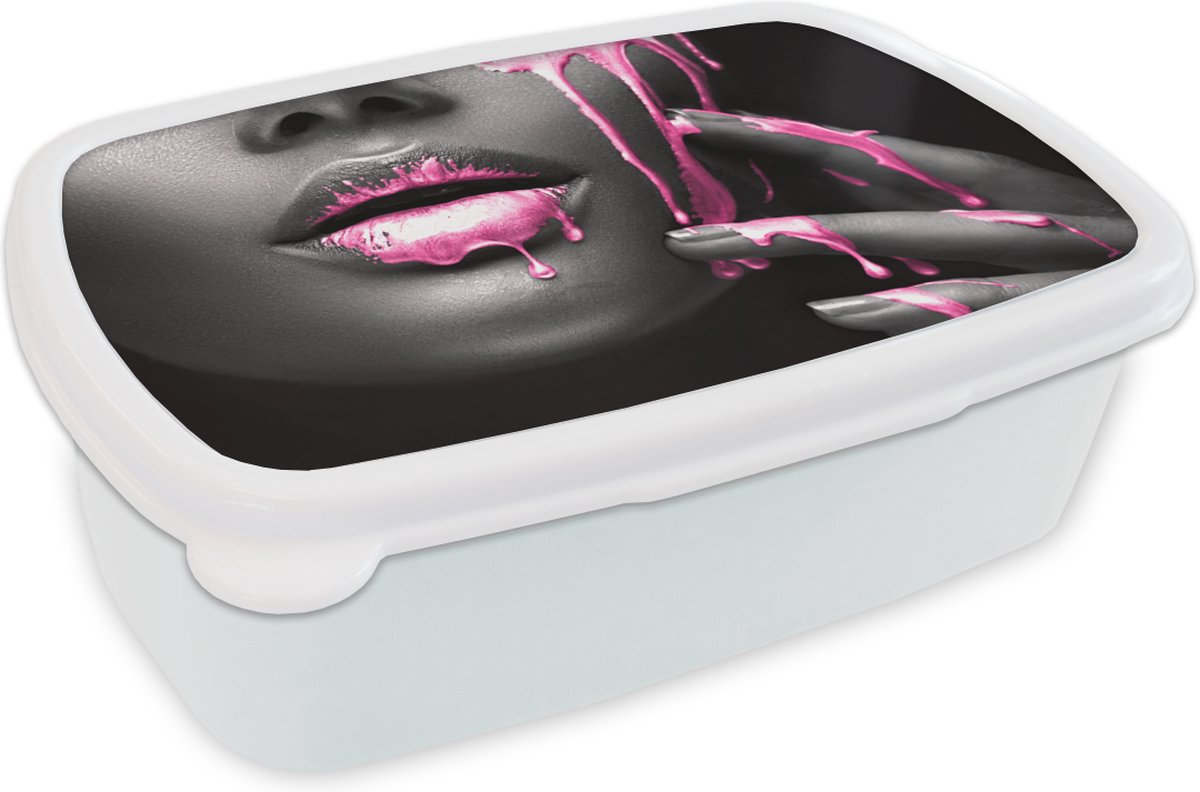 Broodtrommel Wit - Lunchbox - Brooddoos - Lippen - Roze - Zwart - 18x12x6 cm - Volwassenen