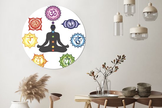 Sept chakras autour d'une silhouette méditante cercle mural assiette plastique ⌀ 120 cm - impression photo sur cercle mural / cercle vivant (décoration murale)