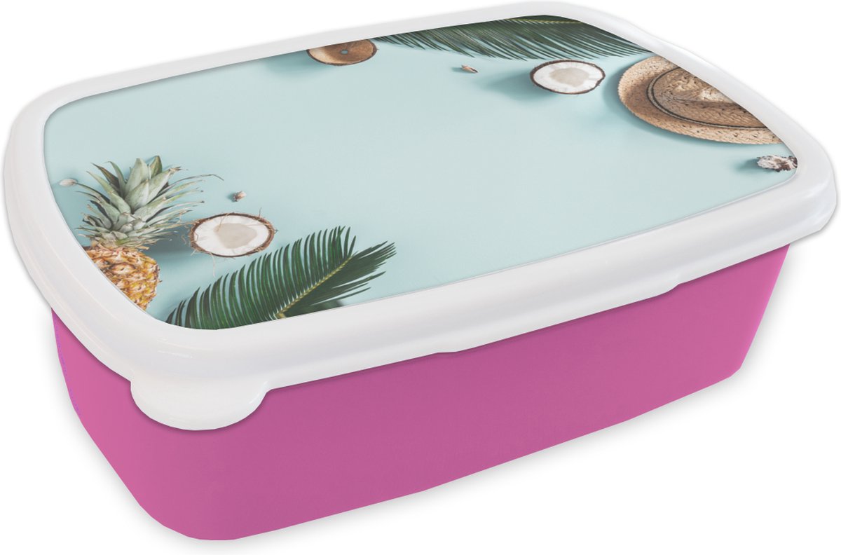 Broodtrommel Roze - Lunchbox - Brooddoos - Zomer - Fruit - Blauw - 18x12x6 cm - Kinderen - Meisje