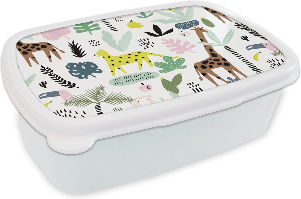 Broodtrommel Wit - Lunchbox - Brooddoos - Jungle - Patronen - Dieren - 18x12x6 cm - Volwassenen