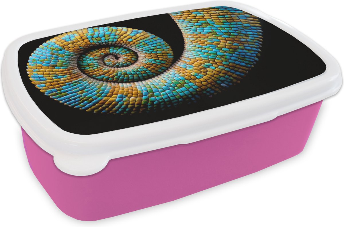Broodtrommel Roze - Lunchbox - Brooddoos - Kameleon - Staart - Kleur - 18x12x6 cm - Kinderen - Meisje
