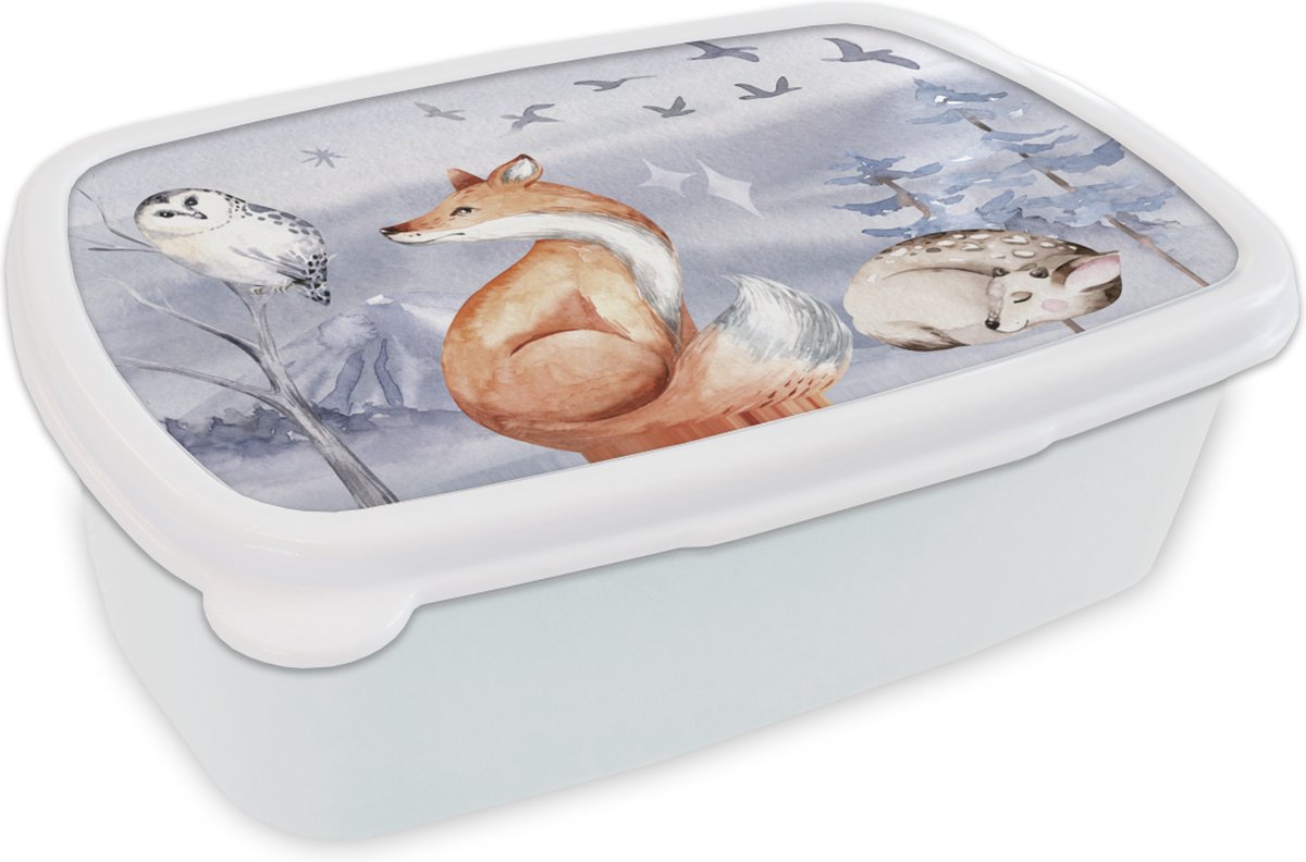 Broodtrommel Wit - Lunchbox - Brooddoos - Winter - Uil - Hert - Vos - 18x12x6 cm - Volwassenen