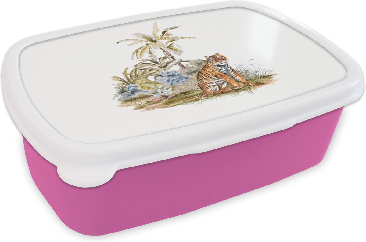 Broodtrommel Roze - Lunchbox - Brooddoos - Tijger - Bos - Schilderij - 18x12x6 cm - Kinderen - Meisje