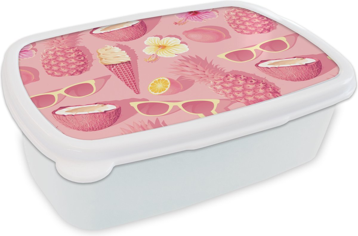 Broodtrommel Wit - Lunchbox - Brooddoos - Zomer - Patroon - Roze - 18x12x6 cm - Volwassenen