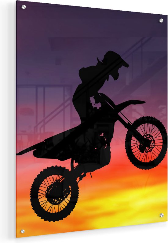 Artaza Glasschilderij - Silhouet Van Een Motorcross In De Lucht  - 40x50 - Plexiglas Schilderij - Foto op Glas