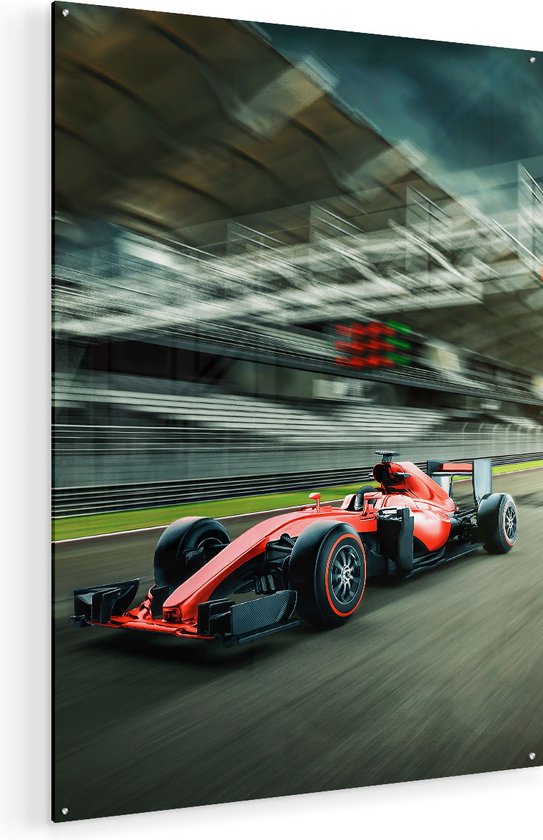 Artaza Glasschilderij - Formule 1 Auto bij de Finish in het Rood - 90x120 - Groot - Plexiglas Schilderij - Foto op Glas