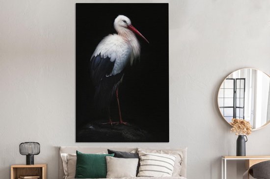Canvas schilderij 120x180 cm - Wanddecoratie Portret ooievaar op zwarte achtergrond - Muurdecoratie woonkamer - Slaapkamer decoratie - Kamer accessoires - Schilderijen op canvas