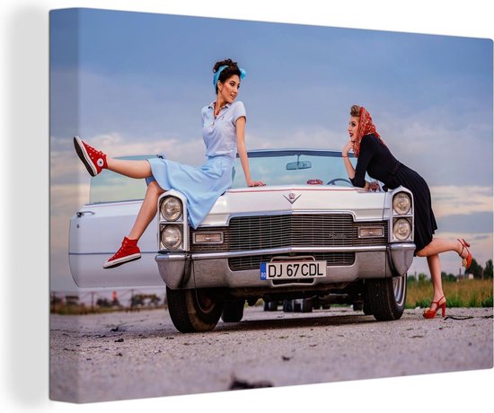 Canvas Schilderij Cadillac - Sixties - Zestiger jaren - Vintage - Vrouwen - 30x20 cm - Wanddecoratie