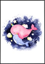 Poster schattige moeder en baby walvissen - 30x40 cm