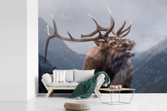 Papier peint photo peint photo vinyle - Double exposition cerf et montagnes largeur 360 cm x hauteur 260 cm - Tirage photo sur papier peint (disponible en 7 tailles)