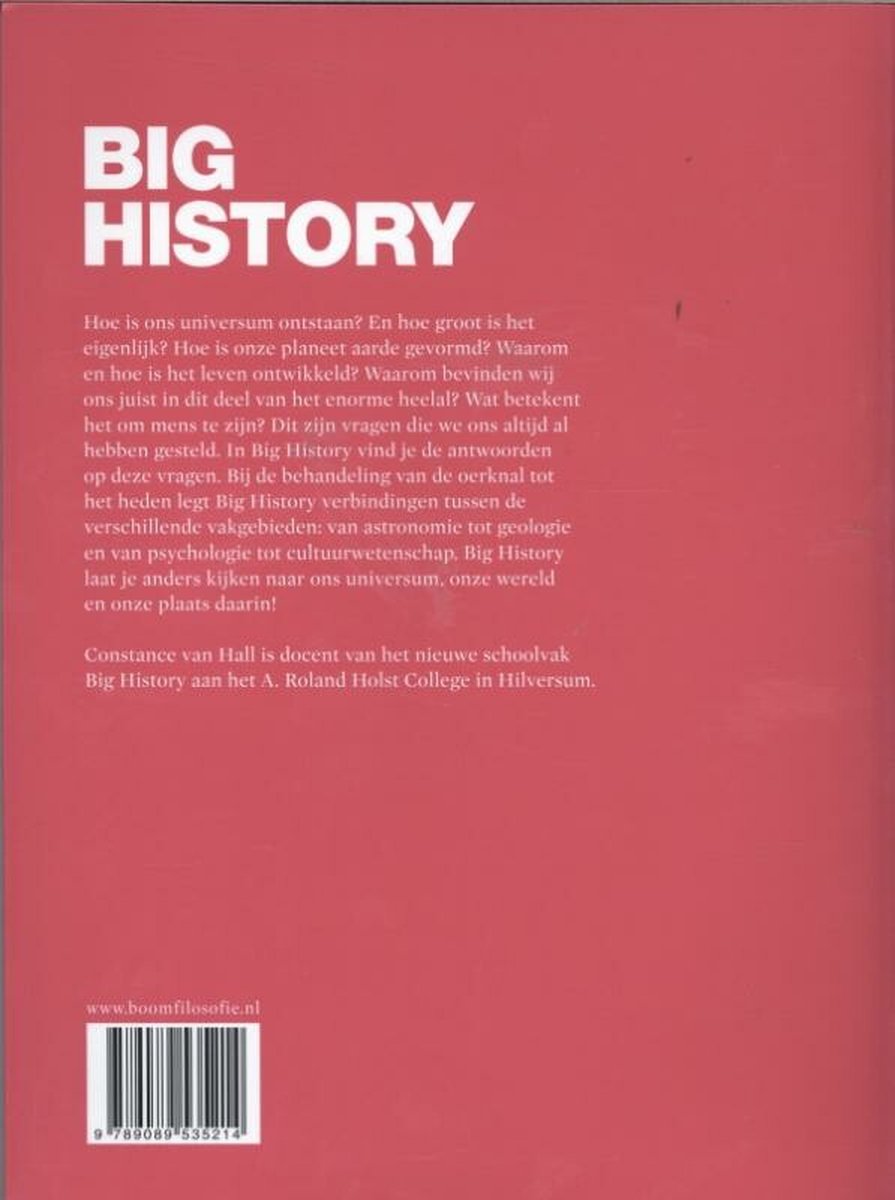 Achterkant van het boek 'Big History' met tekst over het onderwerp en de auteur Constance van Hall.