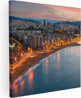 Artaza Canvas Schilderij Barcelona Strand met Stad bij Zonsondergang - 50x50 - Foto Op Canvas - Canvas Print