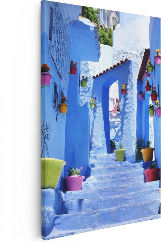 Artaza Canvas Schilderij Blauwe Huizen met Bloempotten in Chefchaouen, Marokko - 80x120 - Groot - Foto Op Canvas - Canvas Print