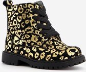 TwoDay leren meisjes veterboots met luipaardprint - Zwart - Maat 25 - Echt leer - Uitneembare zool