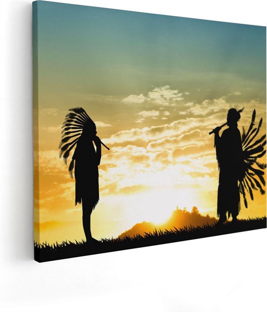 Artaza Canvas Schilderij Twee Silhouetten van Indianen bij Zonsondergang - 100x80 - Groot - Foto Op Canvas - Canvas Print