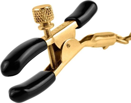 Gouden tepelklem met zwarte, zachte uiteinden en verstelbare gouden schroef.