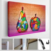 Appel en peer. Gemaakt van hout en geverfde kleuren, handgemaakt. Werk van hedendaagse kunstenaars. Hedendaagse kunst, creativiteit - Modern Art Canvas - Horizontaal - 380366170