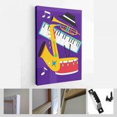 Set jazzfestival posters met saxofoon, trombone, klarinet, viool, contrabas, piano, trompet, basdrum en banjo, gitaar. Geschikt voor akoestische muziekevenementen en jazzconcerten