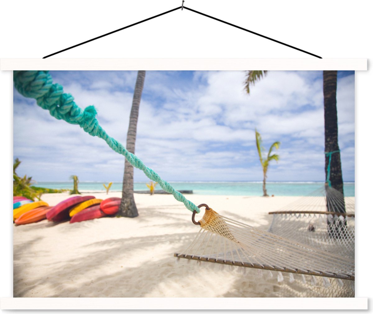Schoolplaat - Strand - Boot - Hangmat - 150x100 cm - Textielposter Witte latten - Textiel poster