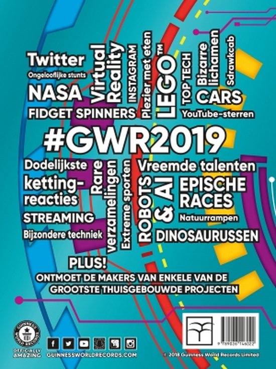 Achterkant van Guinness World Records 2019 met #GWR2019, Twitter, NASA, LEGO en vele andere woorden.