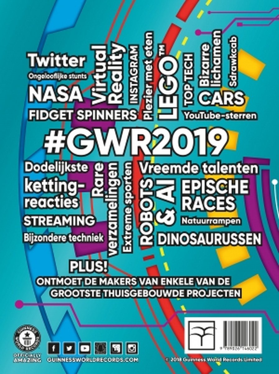 Achterkant van Guinness World Records 2019 met #GWR2019, Twitter, NASA, LEGO en vele andere woorden.
