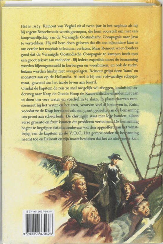 Boekcover met tekst over 'Het is 1653' en een illustratie van een schip met bemanningsleden.