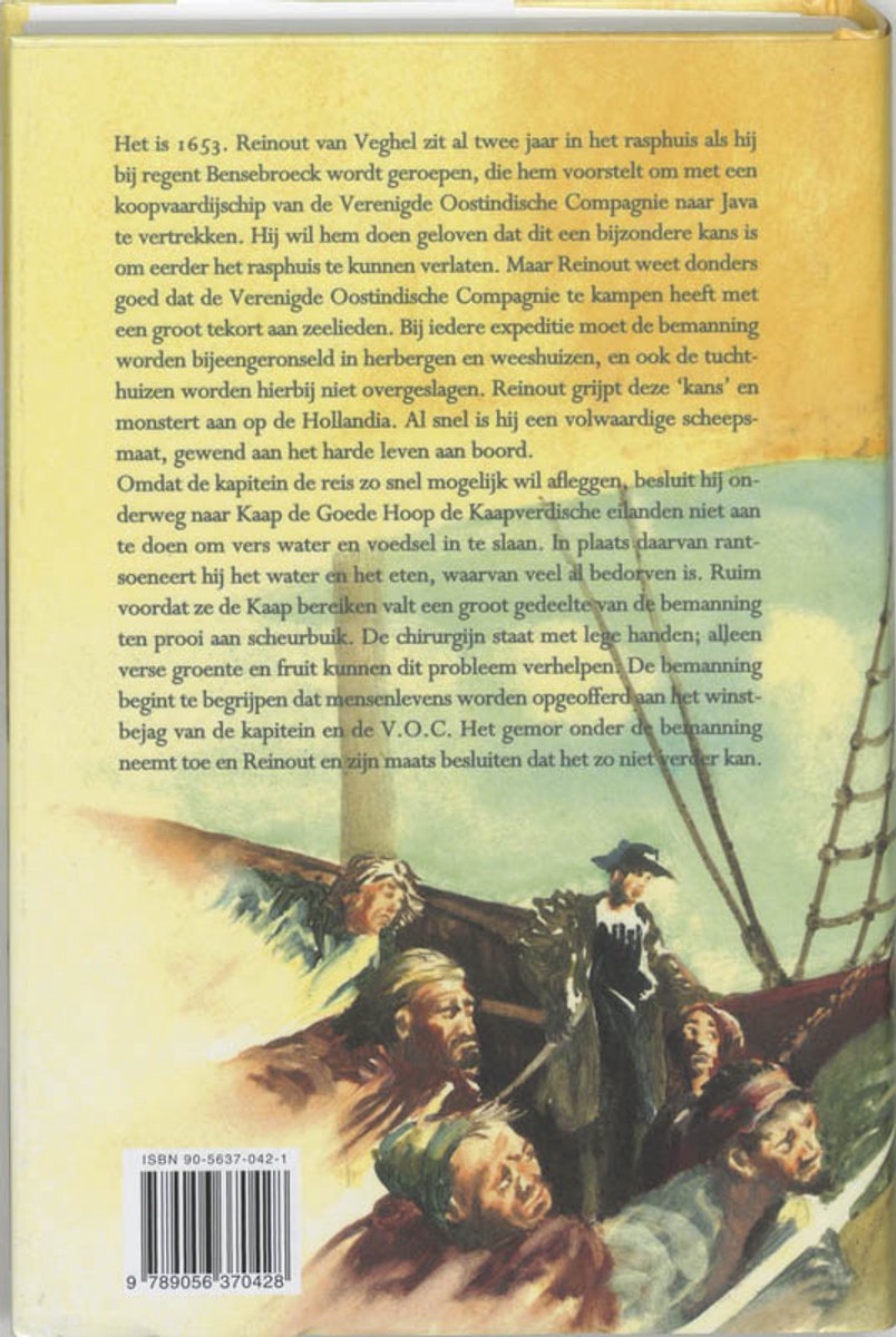Boekcover met tekst over 'Het is 1653' en een illustratie van een schip met bemanningsleden.